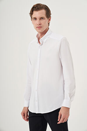  Erkek Beyaz Örme Slim Fit Düğmeli Yaka Gömlek