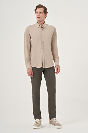  Erkek Bej Örme Slim Fit Düğmeli Yaka Gömlek