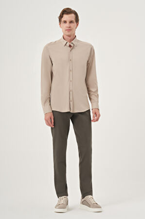  Erkek Bej Örme Slim Fit Düğmeli Yaka Gömlek