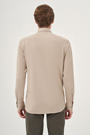  Erkek Bej Örme Slim Fit Düğmeli Yaka Gömlek