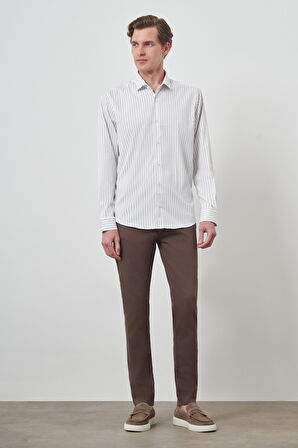  Erkek Beyaz Trend Çizgili Slim Fit İtalyan Yaka Gömlek