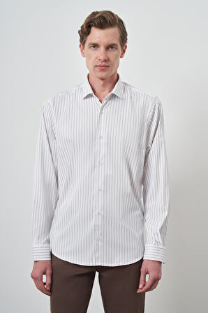  Erkek Beyaz Trend Çizgili Slim Fit İtalyan Yaka Gömlek
