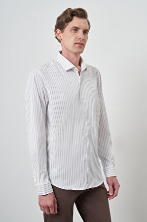  Erkek Beyaz Trend Çizgili Slim Fit İtalyan Yaka Gömlek