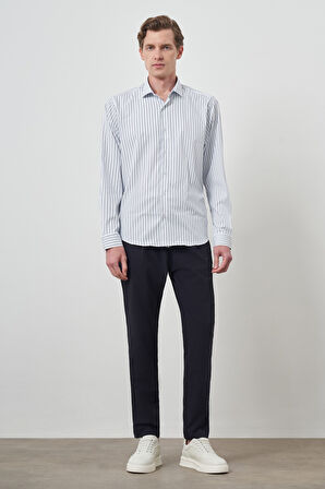  Erkek A-Beyaz Trend Çizgili Slim Fit İtalyan Yaka Gömlek