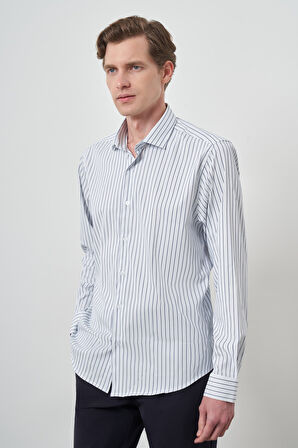 Erkek A-Beyaz Trend Çizgili Slim Fit İtalyan Yaka Gömlek