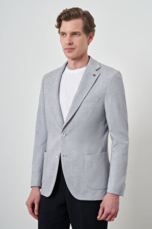  Erkek Gri Örme Desenli Slim Fit Mono Yaka Ceket