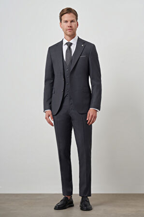  Erkek Füme Poliviskon Slim Fit Yelekli Mono Yaka Takım Elbise