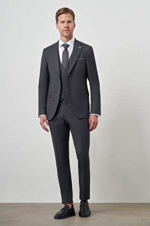  Erkek Füme Poliviskon Slim Fit Yelekli Mono Yaka Takım Elbise