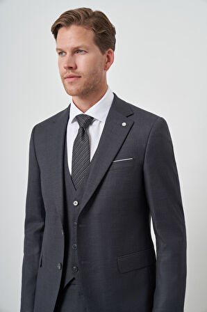  Erkek Füme Poliviskon Slim Fit Yelekli Mono Yaka Takım Elbise