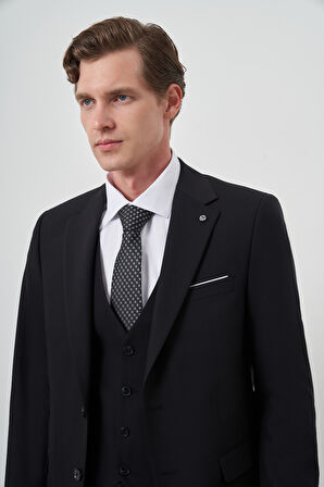  Erkek Siyah Poliviskon Basic Yelekli Slim Fit Mono Yaka Takım Elbise
