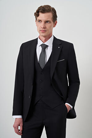  Erkek Siyah Poliviskon Basic Yelekli Slim Fit Mono Yaka Takım Elbise