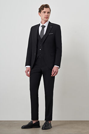  Erkek Siyah Poliviskon Basic Yelekli Slim Fit Mono Yaka Takım Elbise