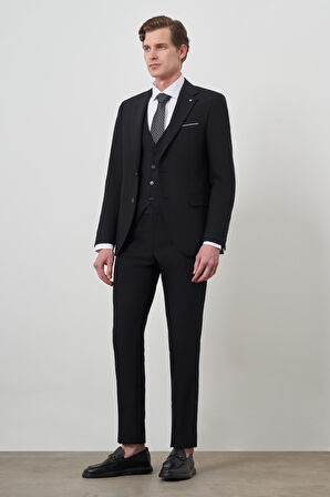  Erkek Siyah Poliviskon Basic Yelekli Slim Fit Mono Yaka Takım Elbise