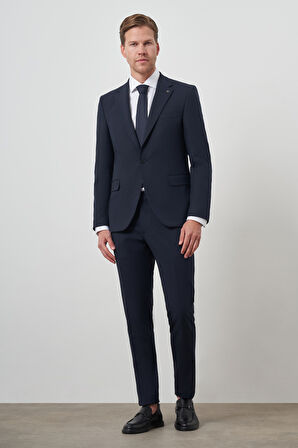  Erkek Lacivert Poliviskon Çizgili Slim Fit Mono Yaka Takım Elbise