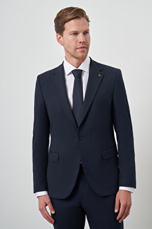  Erkek Lacivert Poliviskon Çizgili Slim Fit Mono Yaka Takım Elbise