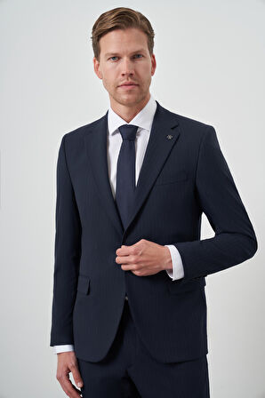  Erkek Lacivert Poliviskon Çizgili Slim Fit Mono Yaka Takım Elbise