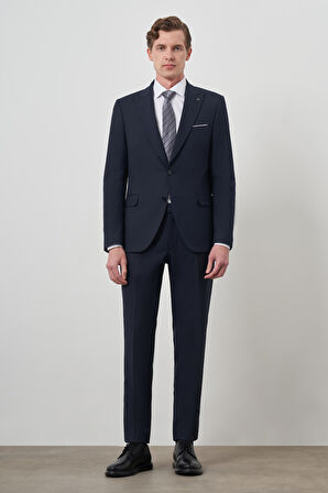  Erkek Lacivert Poliviskon Çizgili Slim Fit Sivri Yaka Takım Elbise