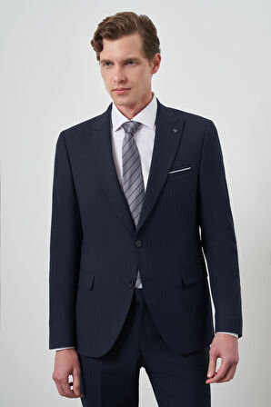  Erkek Lacivert Poliviskon Çizgili Slim Fit Sivri Yaka Takım Elbise