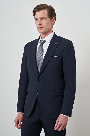  Erkek Lacivert Poliviskon Çizgili Slim Fit Sivri Yaka Takım Elbise
