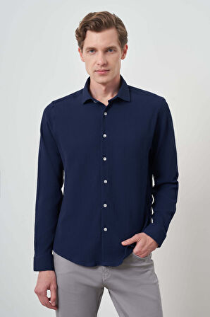  Erkek Lacivert Gofre Trend Desenli Dynamic Fit İtalyan Yaka Gömlek