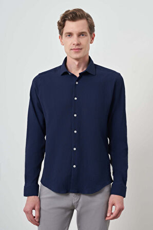  Erkek Lacivert Gofre Trend Desenli Dynamic Fit İtalyan Yaka Gömlek