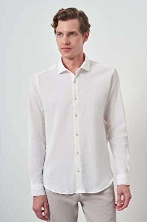  Erkek Beyaz Gofre Trend Desenli Dynamic Fit İtalyan Yaka Gömlek