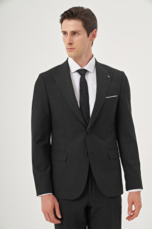  Erkek Füme Poliviskon Basic Slim Fit Sivri Yaka Takım Elbise