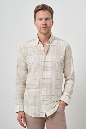  Erkek Bej Pamuk Trend Panolu  Dynamic Fit Gömlek