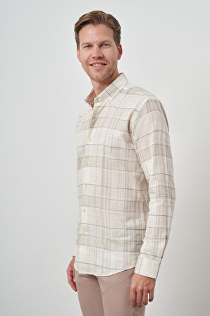  Erkek Bej Pamuk Trend Panolu  Dynamic Fit Gömlek