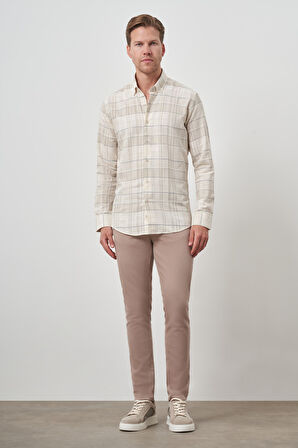  Erkek Bej Pamuk Trend Panolu  Dynamic Fit Gömlek