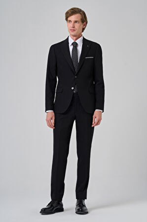  Erkek Siyah Poliviskon Basic Slim Fit Sivri Yaka Takım Elbise