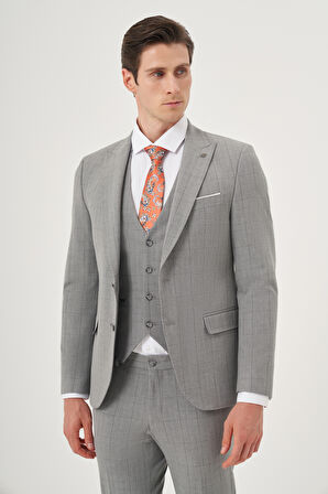  Erkek Gri Poliviskon Trend Yelekli Ekoseli Slim Fit Sivri Yaka Takım Elbise