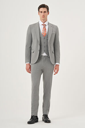  Erkek Gri Poliviskon Trend Yelekli Ekoseli Slim Fit Sivri Yaka Takım Elbise