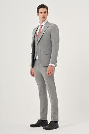  Erkek Gri Poliviskon Trend Yelekli Ekoseli Slim Fit Sivri Yaka Takım Elbise
