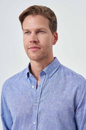  Erkek Mavi Keten Trend Dynamic Fit Düğmeli Yaka Gömlek