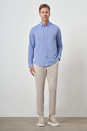  Erkek Mavi Keten Trend Dynamic Fit Düğmeli Yaka Gömlek