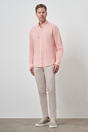  Erkek Turuncu Keten Trend Dynamic Fit Düğmeli Yaka Gömlek