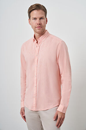  Erkek Turuncu Keten Trend Dynamic Fit Düğmeli Yaka Gömlek