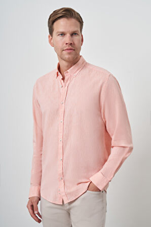  Erkek Turuncu Keten Trend Dynamic Fit Düğmeli Yaka Gömlek