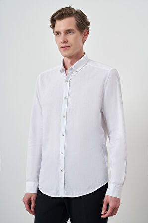  Erkek Beyaz Keten Trend Dynamic Fit Düğmeli Yaka Gömlek