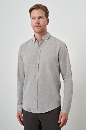  Erkek Çağla Yeşili Keten Trend Dynamic Fit Düğmeli Yaka Gömlek