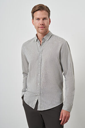  Erkek Çağla Yeşili Keten Trend Dynamic Fit Düğmeli Yaka Gömlek