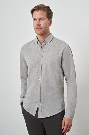  Erkek Çağla Yeşili Keten Trend Dynamic Fit Düğmeli Yaka Gömlek