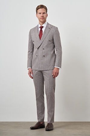  Erkek Vizon Tend Keten Kruvaze Slim  Fit Sivri Yaka Takım Elbise