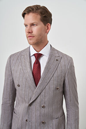  Erkek Vizon Tend Keten Kruvaze Slim  Fit Sivri Yaka Takım Elbise