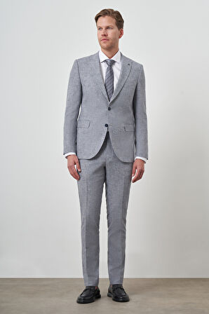  Erkek Mavi Tend Keten Slim  Fit Sivri Yaka Takım Elbise