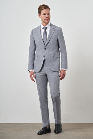  Erkek Mavi Tend Keten Slim  Fit Sivri Yaka Takım Elbise