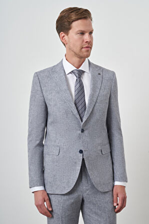  Erkek Mavi Tend Keten Slim  Fit Sivri Yaka Takım Elbise