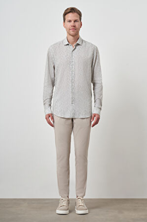  Erkek Yeşil Keten Trend Dynamic Fit Düğmeli Yaka Gömlek