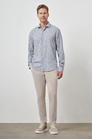  Erkek Gri Keten Trend Dynamic Fit Düğmeli Yaka Gömlek